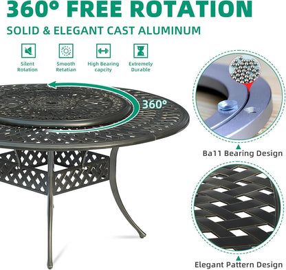 VIVIJASON Outdoor 61" Patio Dining Table for 6-8 Person, Large Patio Round Dining Table with 24" Lazy Susan, Dark Bronze Cast Aluminum Rustic Patio Table W/Umbrella Hole for Balcony, Porch and Deck
