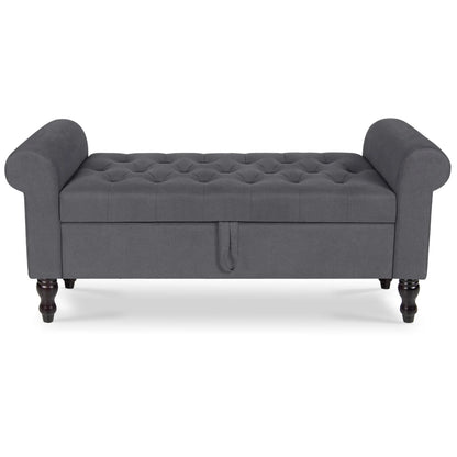 Storage Bench with Upholstered Rolled Arm Ottoman Bench Couch w/ Solid Wood Legs for Bedroom End of Bed,and Living room,Gray