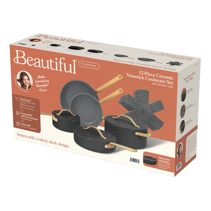 Beautiful 12pc Ceramic Non-Stick Cookware Set with Strainer Lids, White Icing by Drew Barrymore
