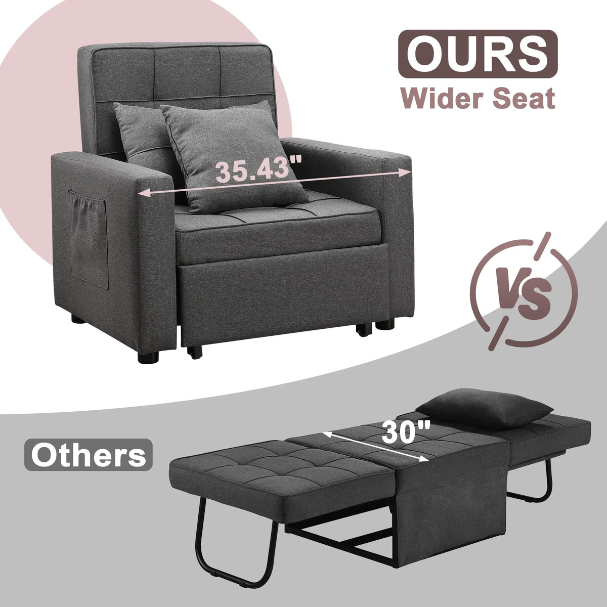 Tolead 3-in-1 Convertible Sofa Bed Sleeper Chair with Adjustable Backrest, Gray
