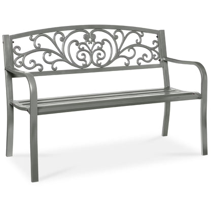Best Choice Products Outdoor Steel Bench Garden Patio Porch Furniture w/ Floral Design Backrest - Black