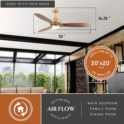 Vaxcel Curtiss Satin Brass Mid-Century Modern MCM Wood Propeller Ceiling Fan with LED Light Kit and Remote