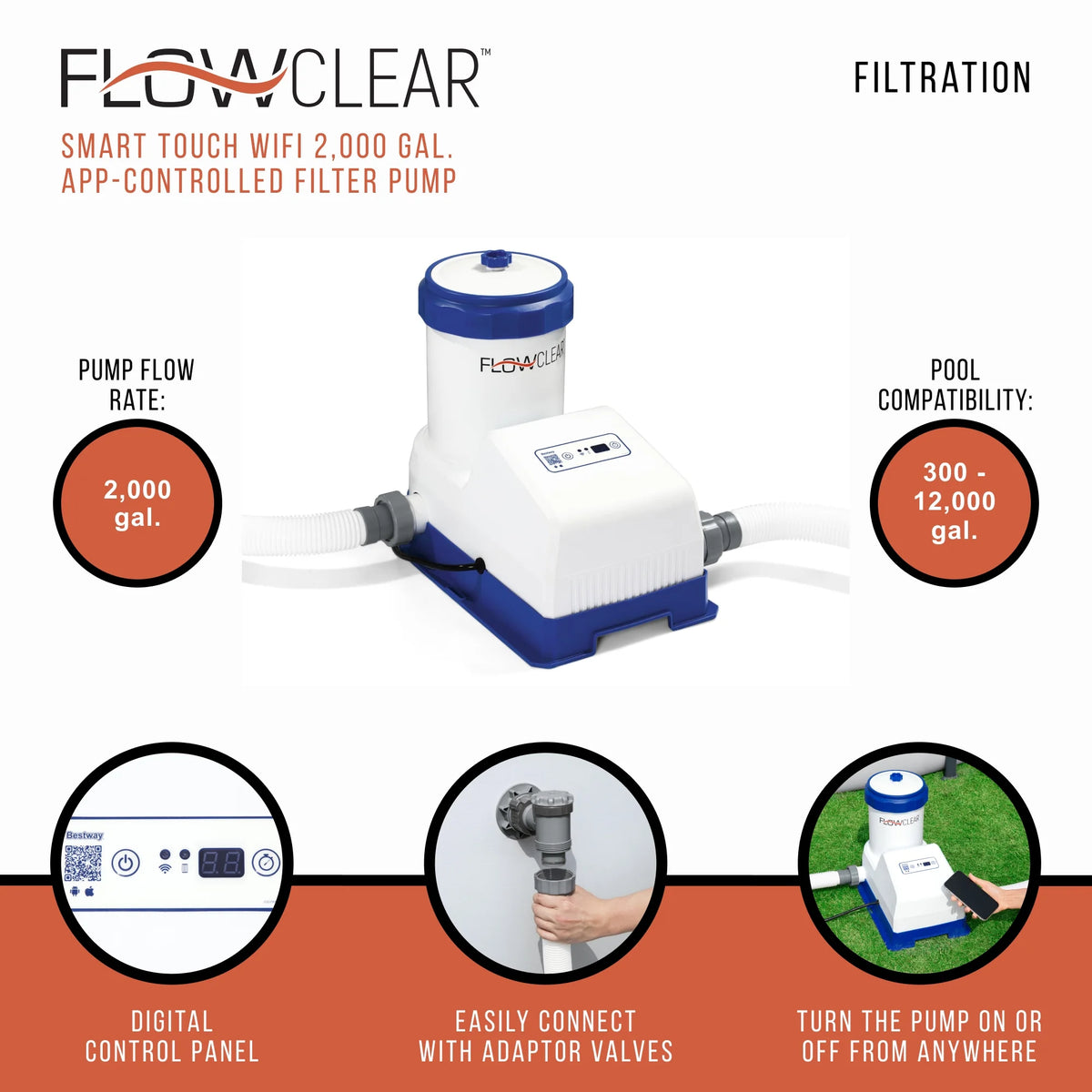 Flowclear 2000 Gal Smart Touch Wifi Above-Ground Pool Pump