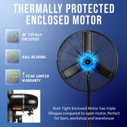 Tornado - 20 Inch High Velocity Metal Oscillating Pedestal Fan - Commercial, Industrial Use Water-Resistant