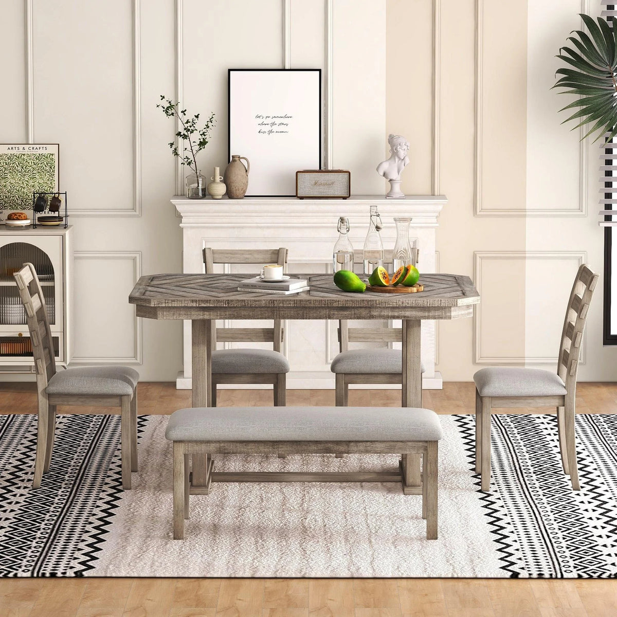 Bellemave 6-Piece Dining Table Set, Rubber Wood Rectangular Kitchen Table Set for 6, Farmhouse Dining Table Set with 4 Upholstered Chairs and Bench (Gray)