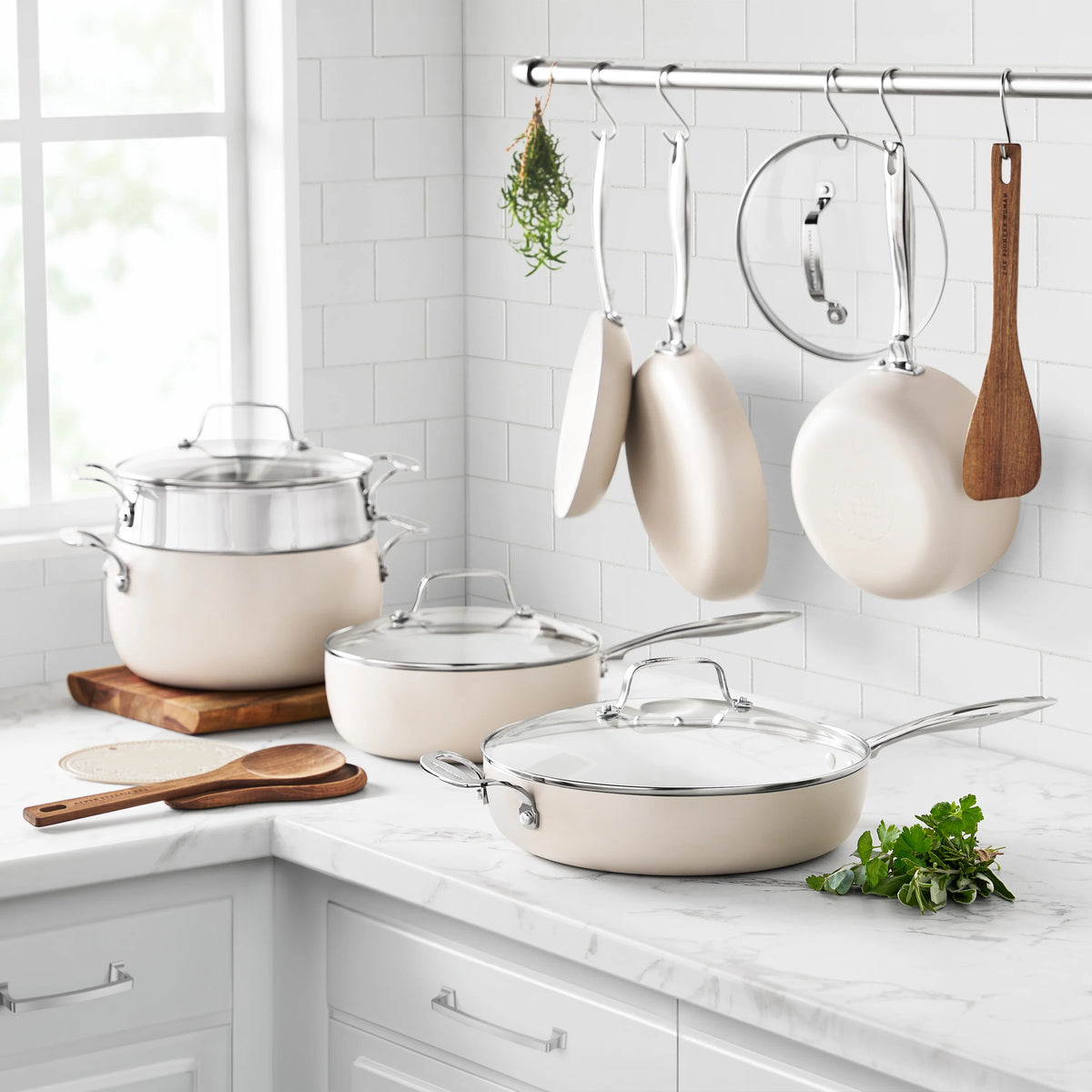 The Pioneer Woman Harlow 15-Piece Cookware Set, Ceramic Non-Stick Pots and Pans Set, Taupe