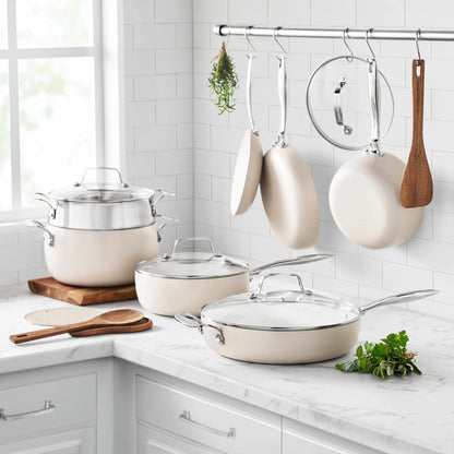 The Pioneer Woman Harlow 15-Piece Cookware Set, Ceramic Non-Stick Pots and Pans Set, Taupe