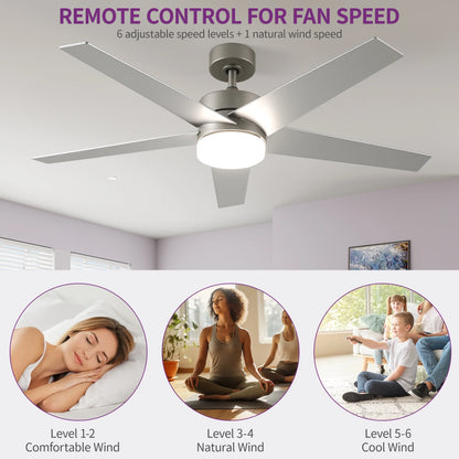 Uforic 52" Modern Ceiling Fan with Lights and Remote Control, 5-Blade Ceiling Fan with Dimmable Tri-Color Light, Quiet and Reversible 6-Speed DC Motor, Perfect for Bedroom, Living Room - Silver