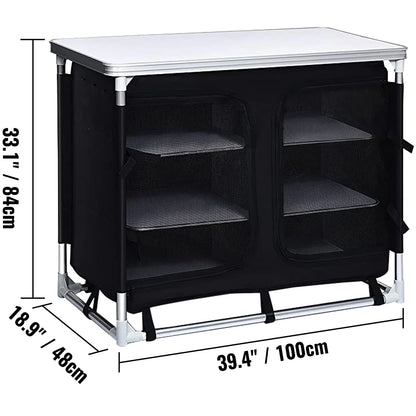 Camping Kitchen Station, Aluminum Portable Folding Cook Table with Storage Organizer and Carrying Bag, Quick Installation for Outdoor BBQ Party Backyards and Tailgating, Black