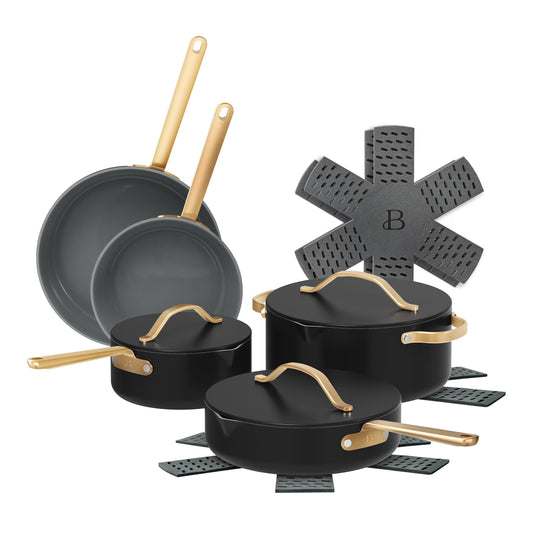 Beautiful 12pc Ceramic Non-Stick Cookware Set with Strainer Lids, White Icing by Drew Barrymore