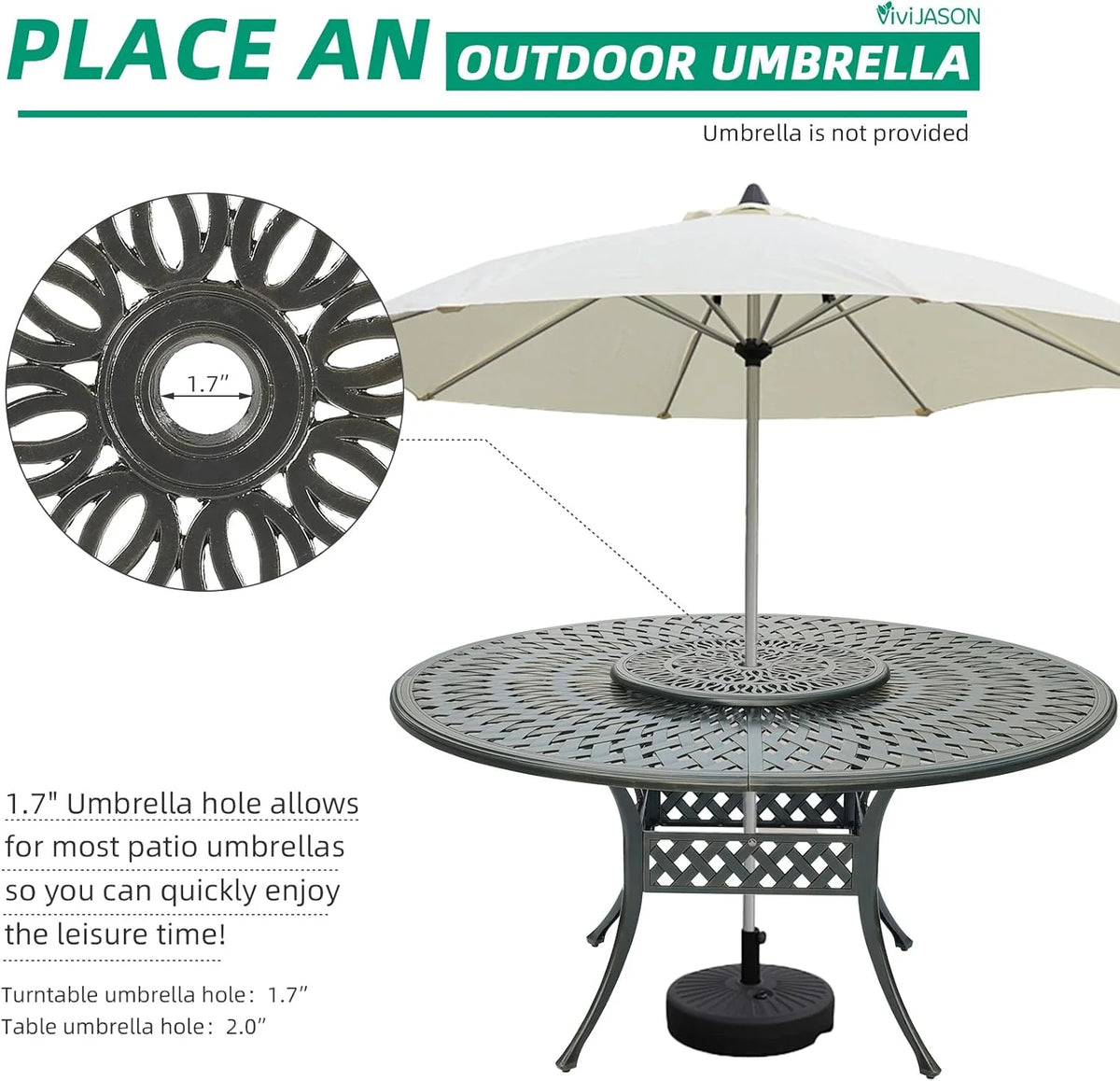 VIVIJASON Outdoor 61" Patio Dining Table for 6-8 Person, Large Patio Round Dining Table with 24" Lazy Susan, Dark Bronze Cast Aluminum Rustic Patio Table W/Umbrella Hole for Balcony, Porch and Deck