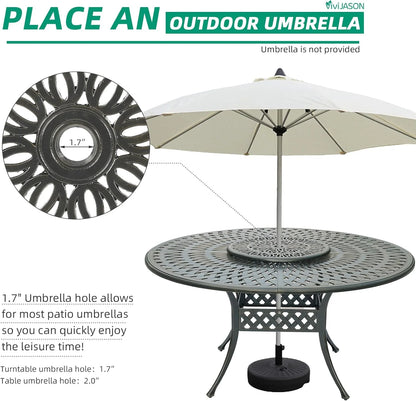 VIVIJASON Outdoor 61" Patio Dining Table for 6-8 Person, Large Patio Round Dining Table with 24" Lazy Susan, Dark Bronze Cast Aluminum Rustic Patio Table W/Umbrella Hole for Balcony, Porch and Deck