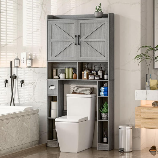 Vabches Over The Toilet Storage Cabinet with Toilet Paper Holder Stand, Above Toilet with Adjustable Shelf & 2 Doors