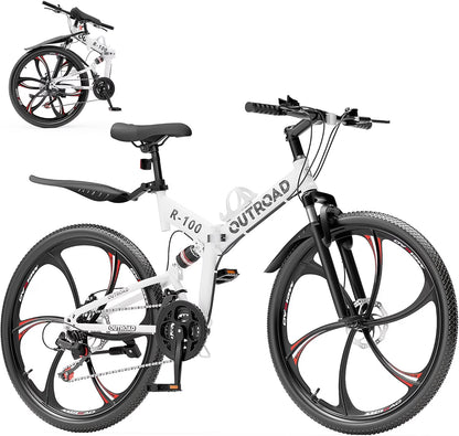 SUNCROWN 26 Inch Folding Mountain Bike, 21 Speed Full Suspension High-Carbon Steel MTB Foldable Bicycle, Dual Disc Brake Non-Slip Folding Bikes for Adults/Men/Women, Black