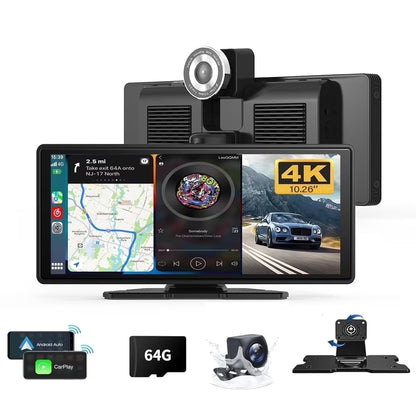 10.26" Wireless Carplay Screen 360 Rotation 4K Dash Cam Carplay & Android Auto Car Stereo Car Audio Receivers with 1080p Backup Camera GPS Navigation/Mirror Link/Voice Control/Siri
