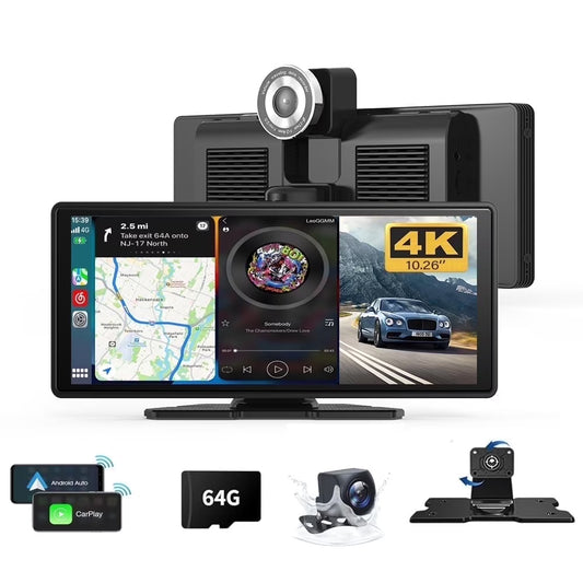 10.26" Wireless Carplay Screen 360 Rotation 4K Dash Cam Carplay & Android Auto Car Stereo Car Audio Receivers with 1080p Backup Camera GPS Navigation/Mirror Link/Voice Control/Siri