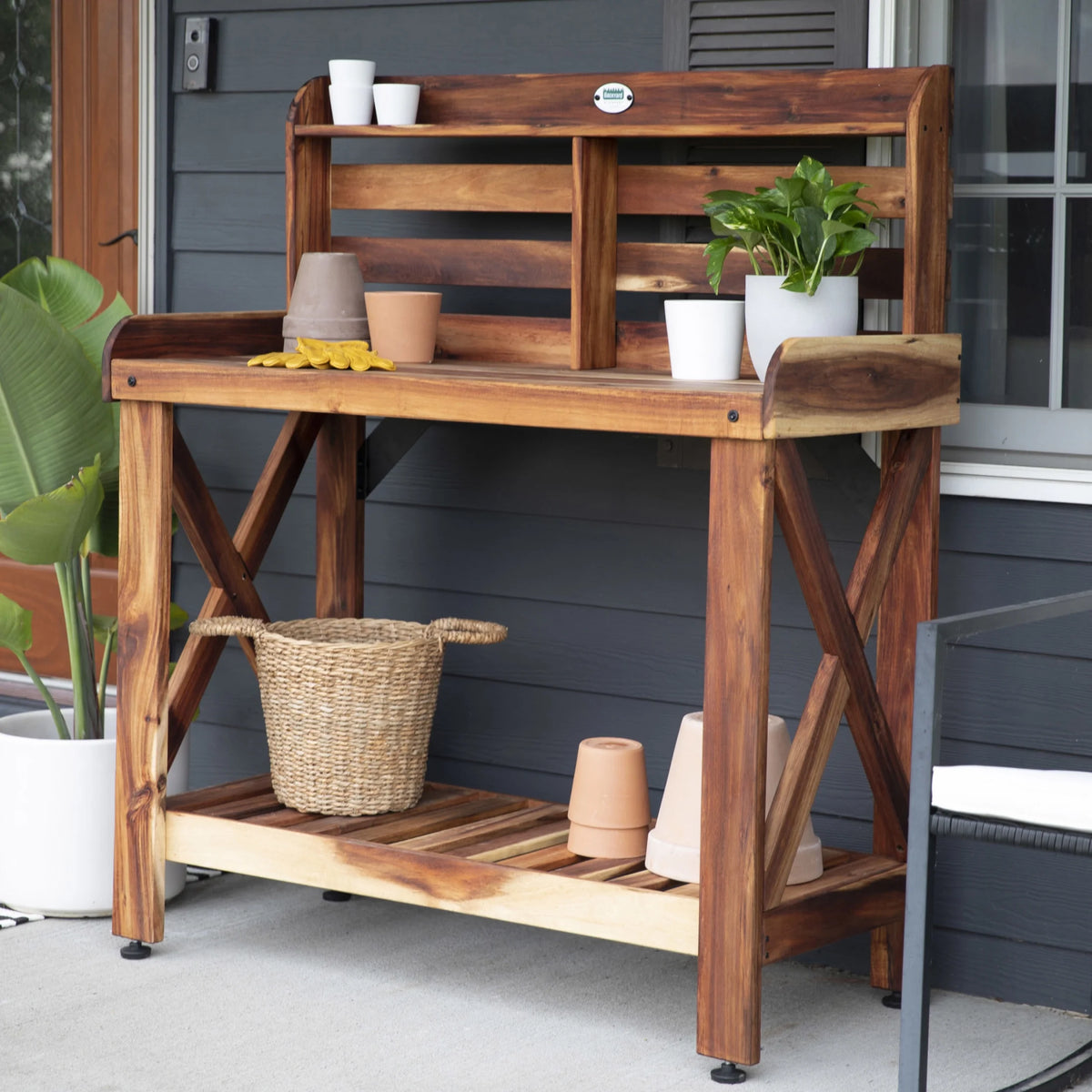 Backyard Discovery 47" Acacia Wood Garden Potting Bench & Serving Bar, Storage Shelf