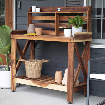 Backyard Discovery 47" Acacia Wood Garden Potting Bench & Serving Bar, Storage Shelf