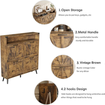 Veanerwood Shoe Cabinet with 2 Flip Drawers Farmhouse Shoe Storage Cabinet Organizer for Entryway, Gray