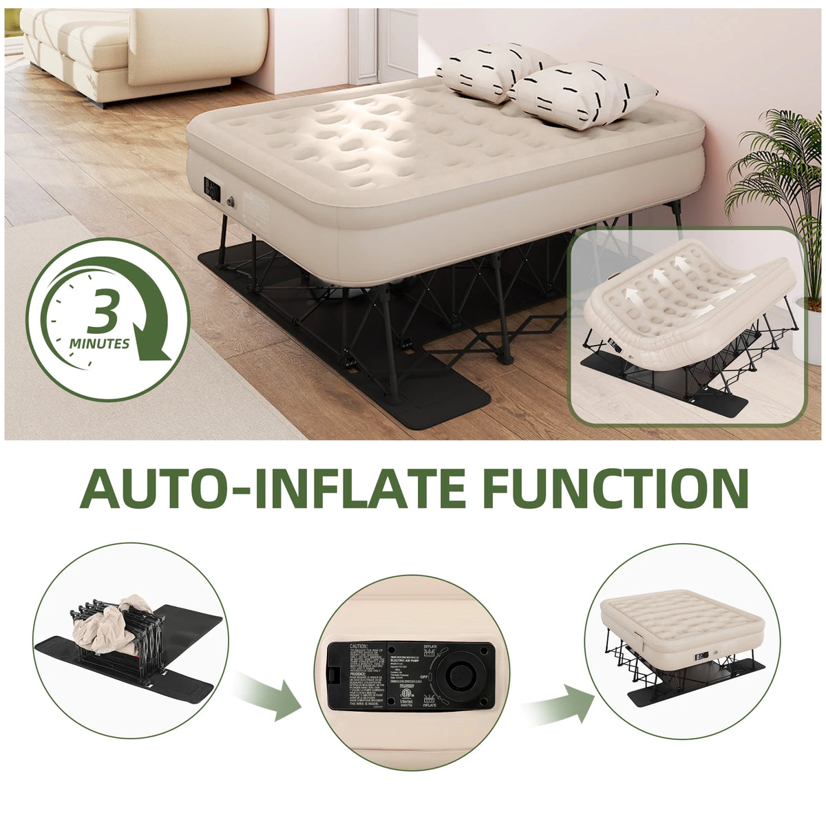 Uforic Inflatable Queen Air Mattress with Built-in Pump, Frame, Velvet Surface & Portable Storage Case, Khaki