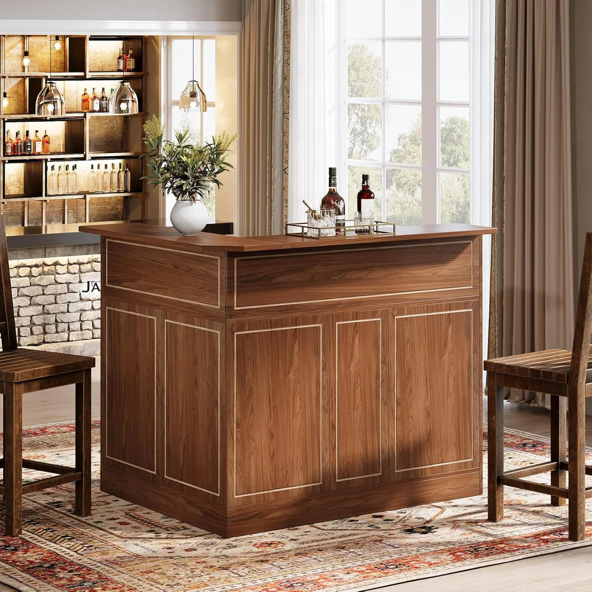 Tribesigns Bar Cabinet, L-Shaped Home Bar Table with Stemware Racks