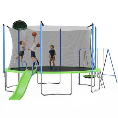 12FT Trampoline with Slide, Swings, SEGMART Recreational Trampoline with Basketball Hoop and Ladder, Heavy Duty Outdoor Backyard Trampoline with Net for Kids and Adults, Green