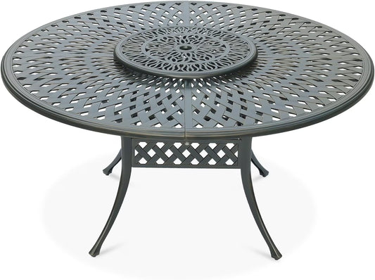 VIVIJASON Outdoor 61" Patio Dining Table for 6-8 Person, Large Patio Round Dining Table with 24" Lazy Susan, Dark Bronze Cast Aluminum Rustic Patio Table W/Umbrella Hole for Balcony, Porch and Deck