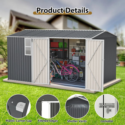 12x8 Ft Outdoor Storage Shed with Floor Frame, Metal Garden Tool Shed with Lockable Doors & Window, Ideal for Backyard Garden Patio Lawn, Grey