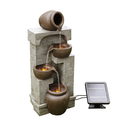 Teamson Home 28.5" Solar Powered 4-Tier Cascading Bowls & Stacked Stones Garden Water Fountain with LED Lights, Brown