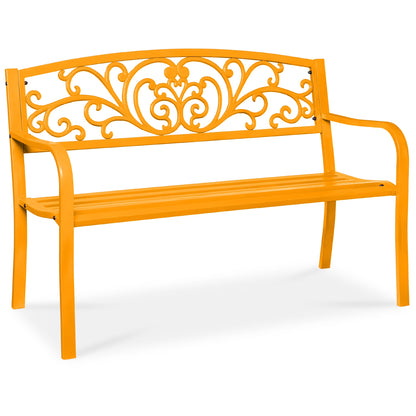 Best Choice Products Outdoor Steel Bench Garden Patio Porch Furniture w/ Floral Design Backrest - Black