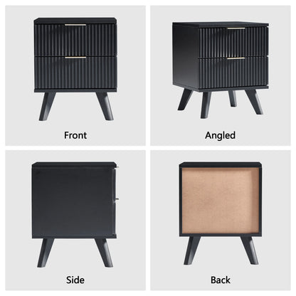 YOCWO Fluted Nightstand for Bedroom Set of 2 , Wood Bedside Table Set of 2 with Drawers, Black
