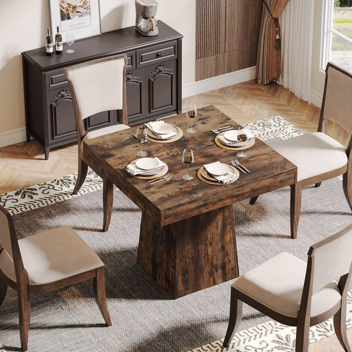 Tribesigns Square Dining Table for 4, 31.5-Inch Kitchen Table Small Dinner Table with Sturdy Pedestal Base, Farmhouse Dining Room Table for Home Dining Room, Living Room, Kitchen, Vintage Brown