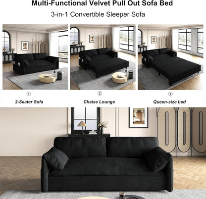 Tabaray 63.8" Futon Sofa Bed Queen Size, Pull Out Bed, 3-in-1 Convertible Sleeper Sofa with Side Pocket, Modern Plush Velvet Futon Couch for Living Room, Small Space, Apartment, Bedroom, Black