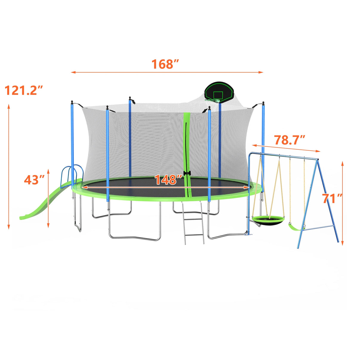 12FT Trampoline with Slide, Swings, SEGMART Recreational Trampoline with Basketball Hoop and Ladder, Heavy Duty Outdoor Backyard Trampoline with Net for Kids and Adults, Green