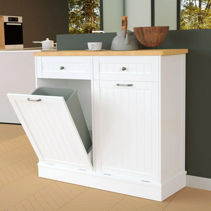 Tolead Double Tilt Out Trash Cabinet 10 Gallon Wooden Free Standing Laundry Sorter Cabinet,Recycling Cabinet with Hideaway Drawer,Tilt Out Trash Cabinet Can Bin Kitchen,Black