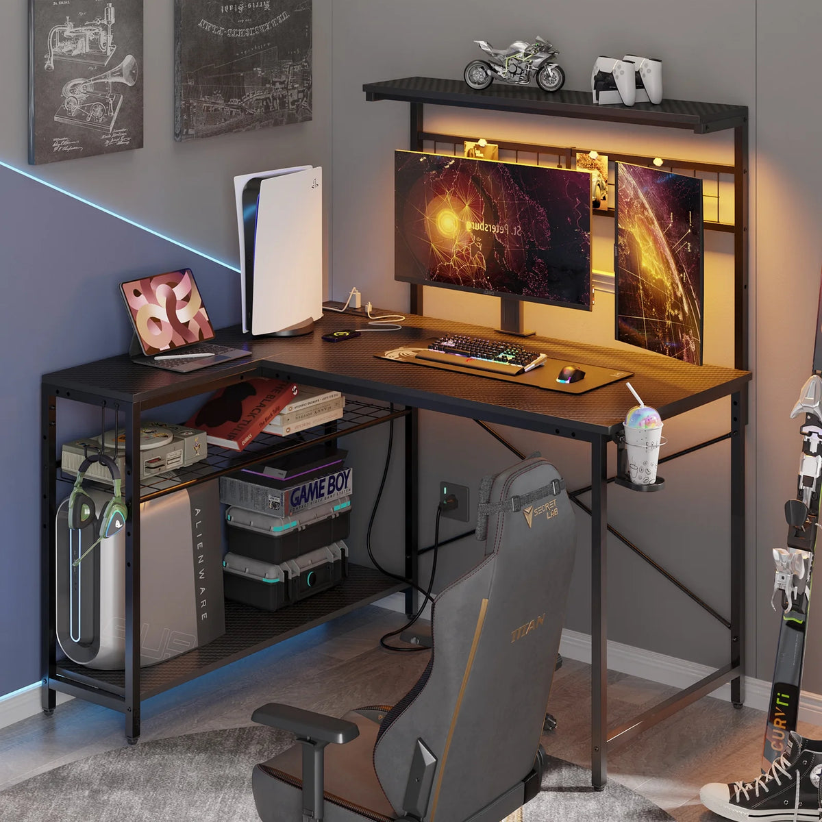 Bestier 51 L Shaped Gaming Desk with Power Outlets & LED Light, Computer Desk with 4 Tiers Shelves for Home Office, Reversible Gamer Table with Hooks and Cup Holder, Carbon Fiber