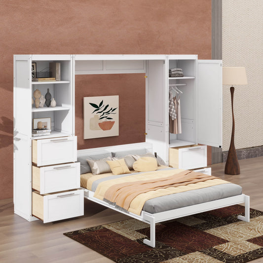 YunNianYang Queen Size Gray Murphy Bed Wall Bed with Closet ,Drawers and Shelves