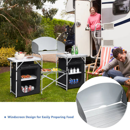 Goplus Folding Portable Aluminum Camping Grill Table w/ Storage Organizer Windscreen Black