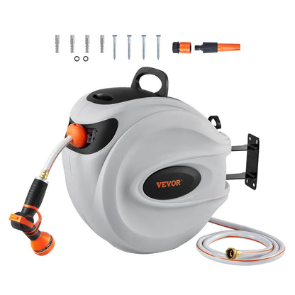 VEVOR Retractable Hose Reel, 100 ft x 1/2 inch, 180�� Swivel Bracket Wall-Mounted, Garden Water Hose Reel with 9-Pattern Nozzle, Automatic Rewind, Lock at Any Length, and Slow Return System
