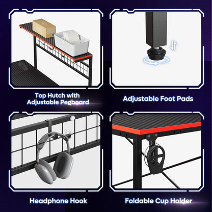 Bestier 51 L Shaped Gaming Desk with Power Outlets & LED Light, Computer Desk with 4 Tiers Shelves for Home Office, Reversible Gamer Table with Hooks and Cup Holder, Carbon Fiber