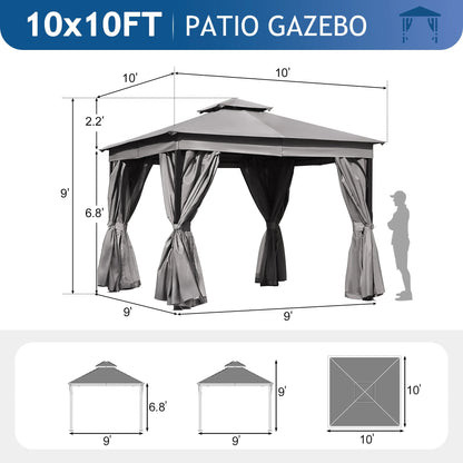 10'x10' Outdoor Gazebo,Patio Gazebo with Mosquito Netting and Privacy Screens for Backyard, Garden, Lawn and Deck,Grey