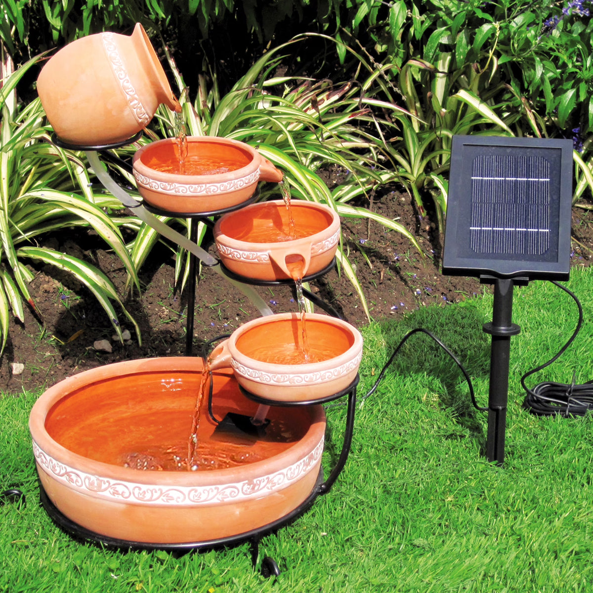 KoolScapes Outdoor Solar-Powered 5-Tier Cascading Water Fountain- Finish, Brown