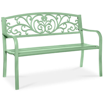 Best Choice Products Outdoor Steel Bench Garden Patio Porch Furniture w/ Floral Design Backrest - Black