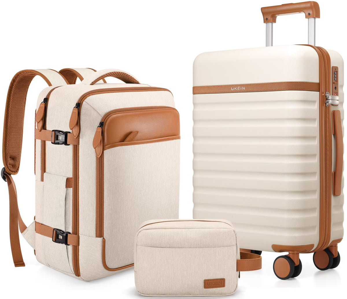 UKEIN Luggage Sets 3 Piece, Carry On Luggage with Wheels, 20 Inch Hardshell Suitcase with TSA Lock, 100% PC Carry On Suitcases Airline Approved With Travel Backpack for Men Women