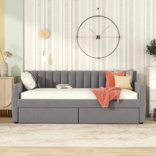 Twin Size Daybed with 2 Storage Drawers, Tufted Upholstered Sofa Bed Frame with and Wood Slat Support, Perfect for Bedroom, Gray