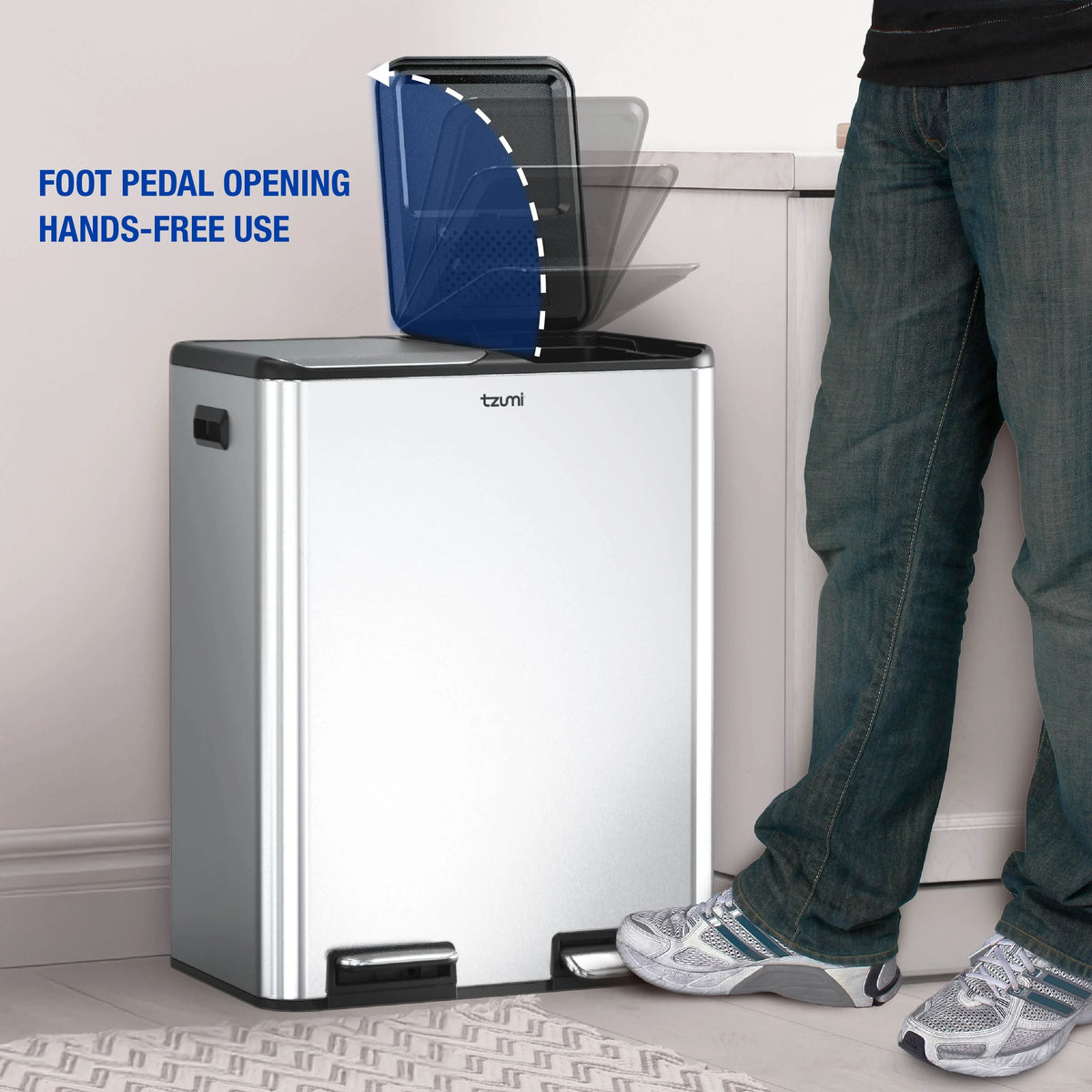 Tzumi Dual-Compartment Recycling Bin Stainless Steel Trash Can for Kitchen, 16 Gallon Total