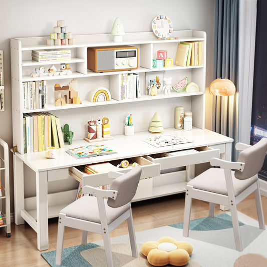 BALANBO Solid Wood Kids Desk and Chair Set with Hutch,Study Computer Desk with Drawers, Extra Large Two Person Study Desk Writing Table, Student White Desk with Bookshelf for Bedroom,Study Room,White