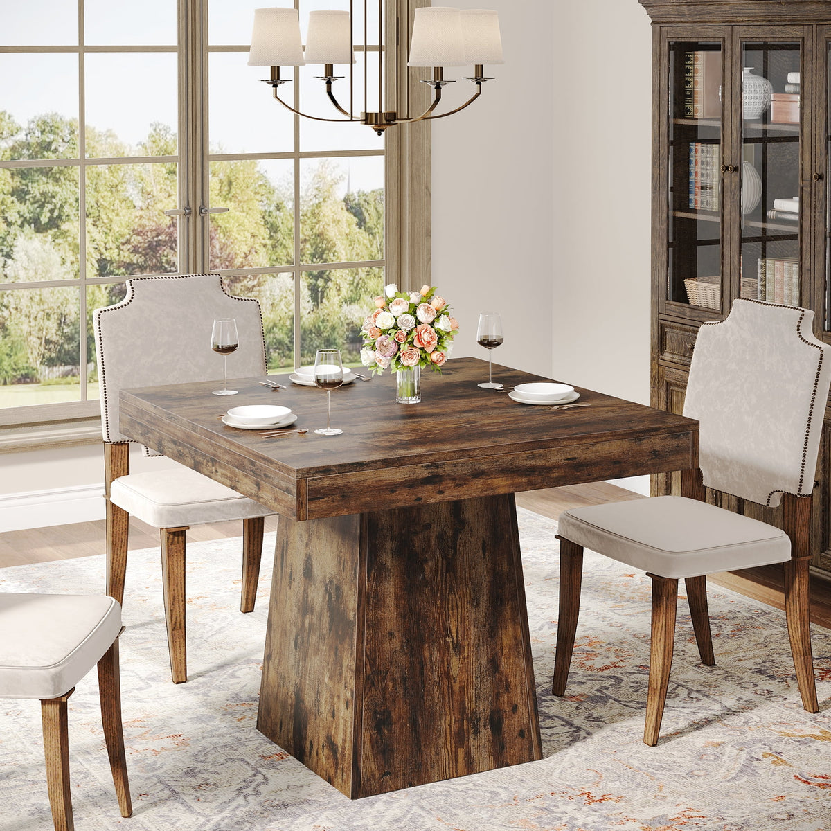 Tribesigns Square Dining Table for 4, 31.5-Inch Kitchen Table Small Dinner Table with Sturdy Pedestal Base, Farmhouse Dining Room Table for Home Dining Room, Living Room, Kitchen, Vintage Brown