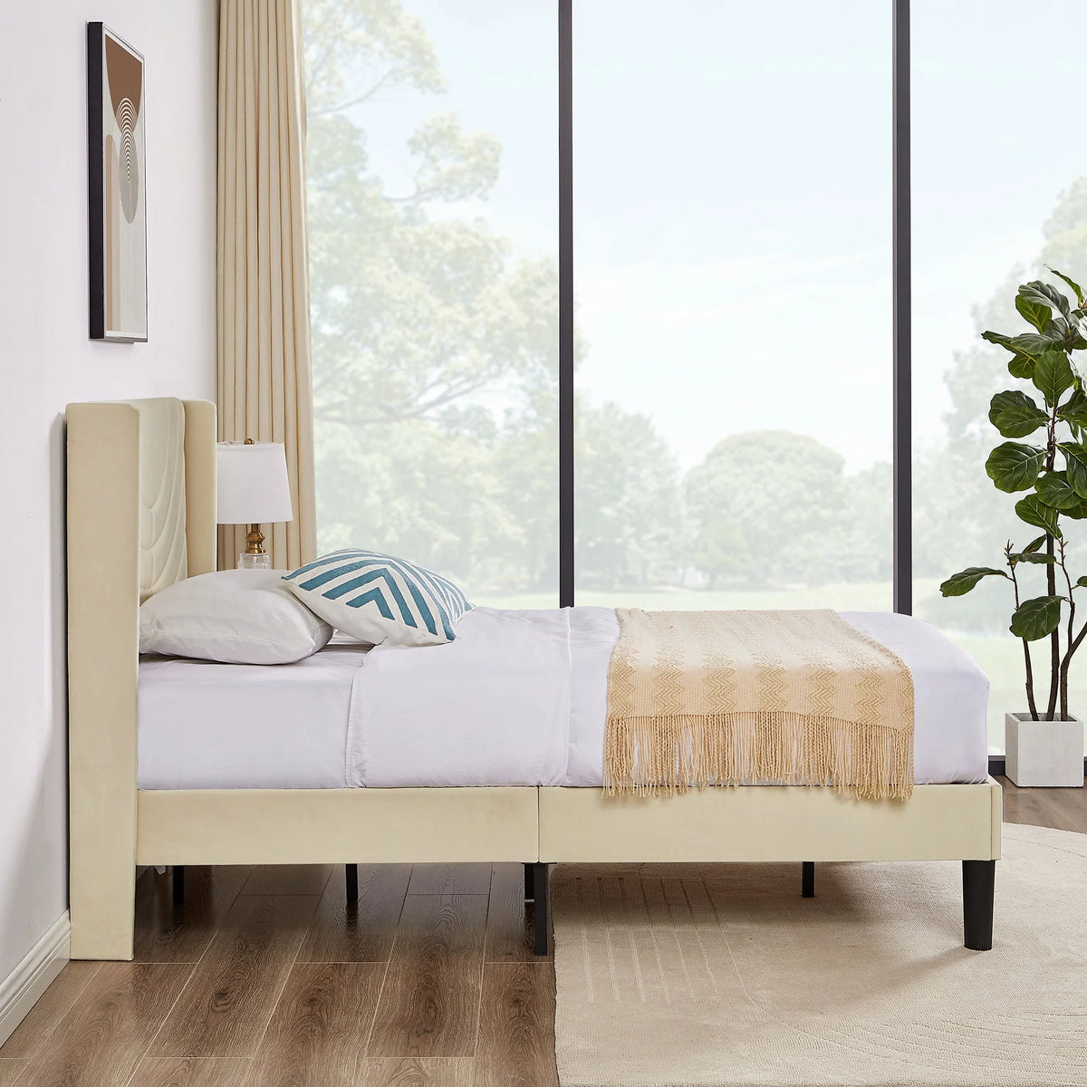 VECELO Set of 2 Twin Bed Frames, Modern Upholstered Platform Bed Frame with Tufted Headboard, No Box Spring Needed, Dark Green