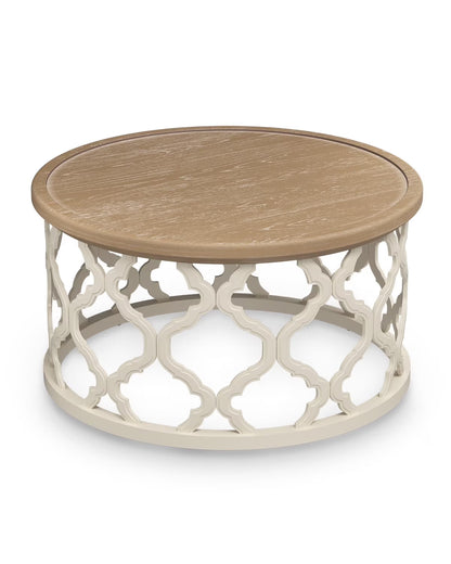 Bestco 30" Farmhouse Coffee Table, Round French Country Coffee Table, Distressed Wood Tray Top Vintage Coffee Table with Storage Shelf, Beige